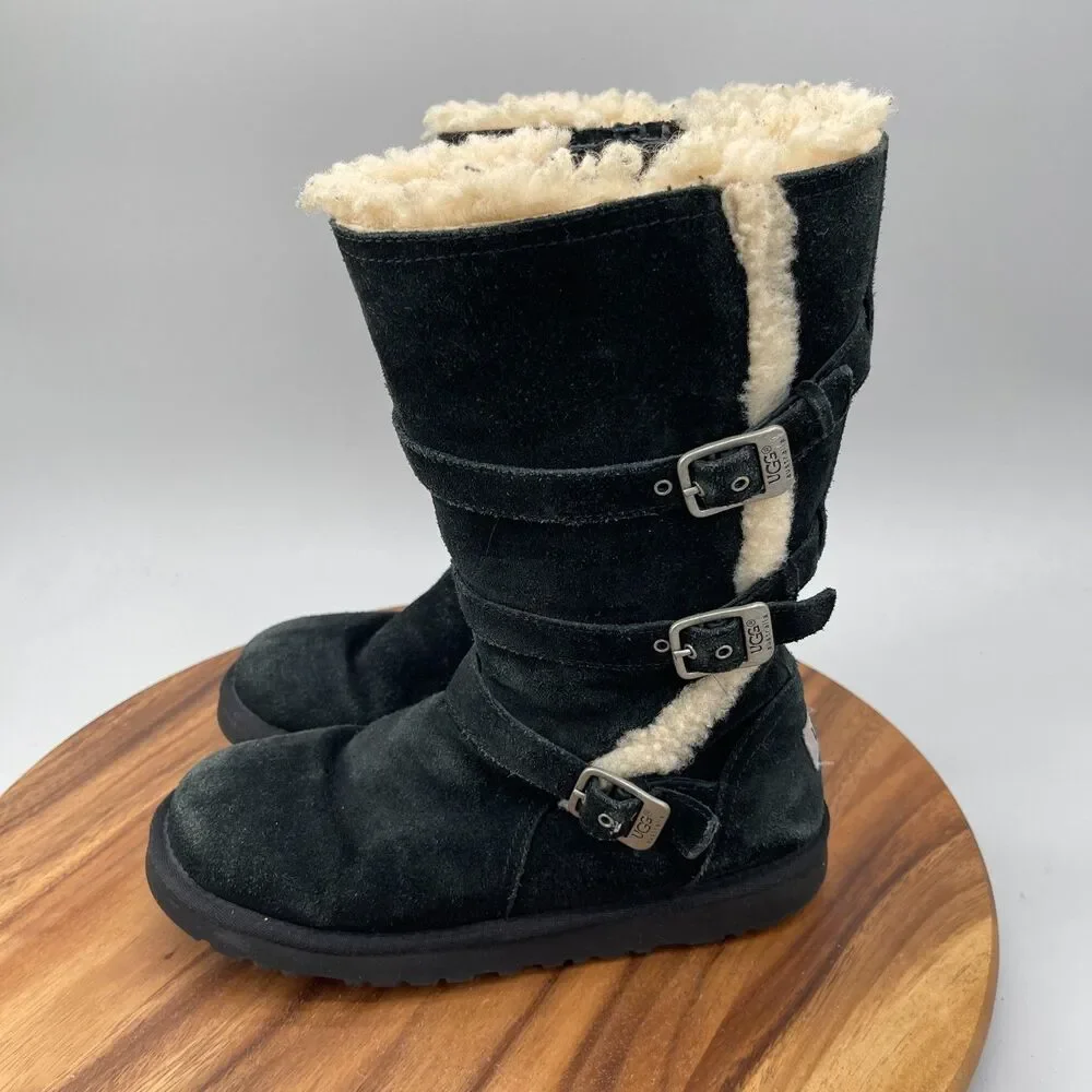 UGG Maddi Boots Girls Size 6 Black Suede Tall Zip Buckle